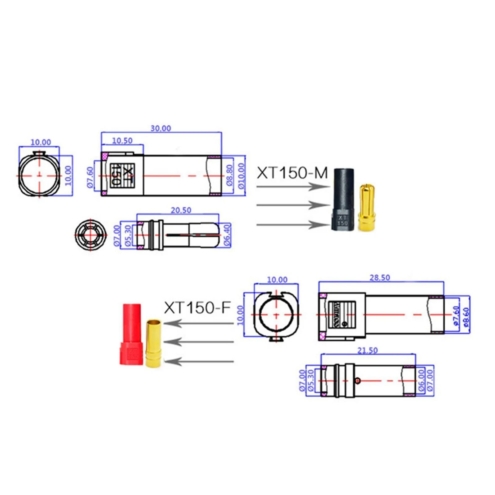 10Pairs XT150 Banana Bullet Adapter Male Female For FPV Racing RC LiPo Battery - Image 7