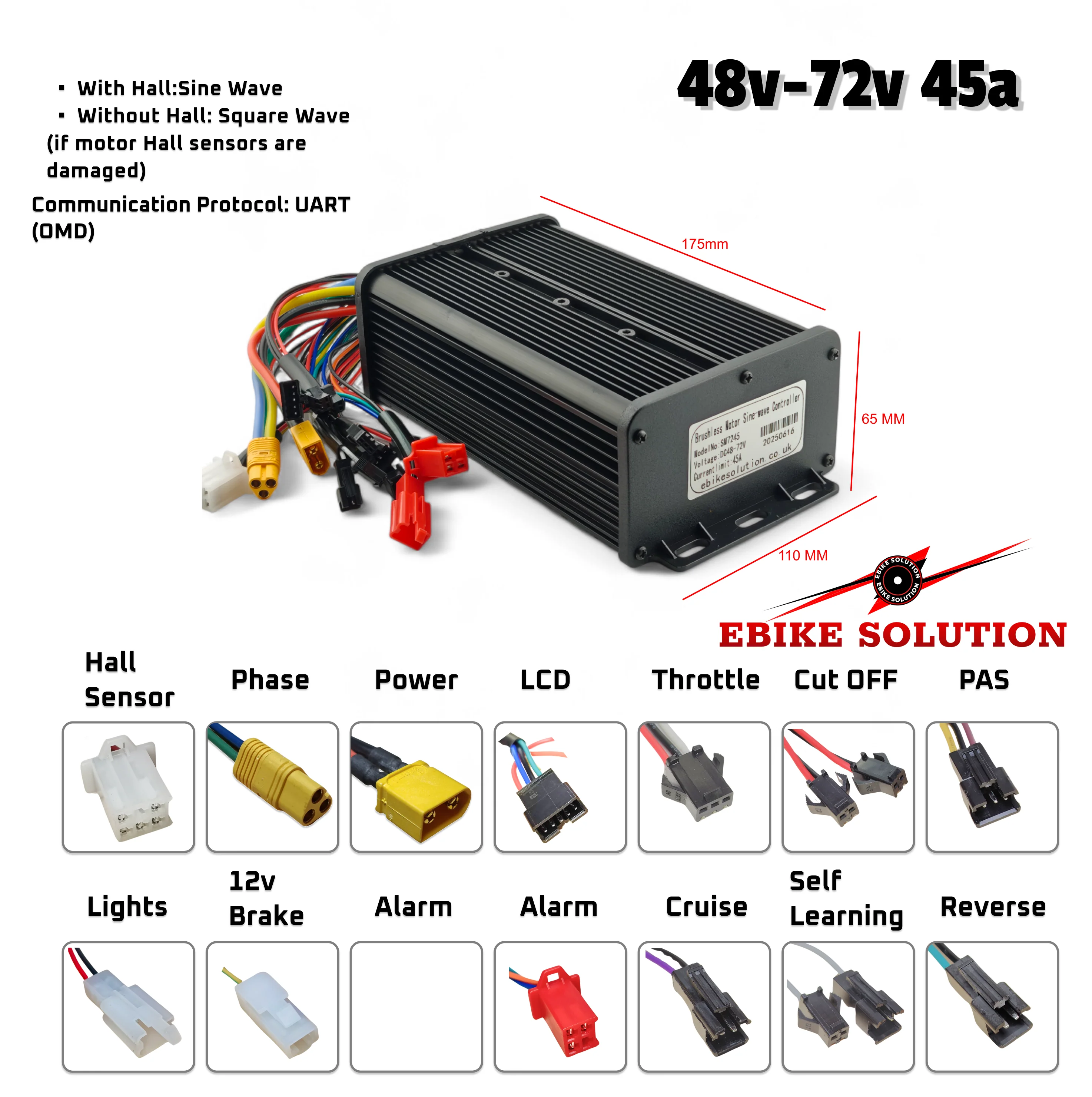 Ebike Brushless Motor Controller MQ 48-72V 45A Sine Wave Dual Mode - Image 2