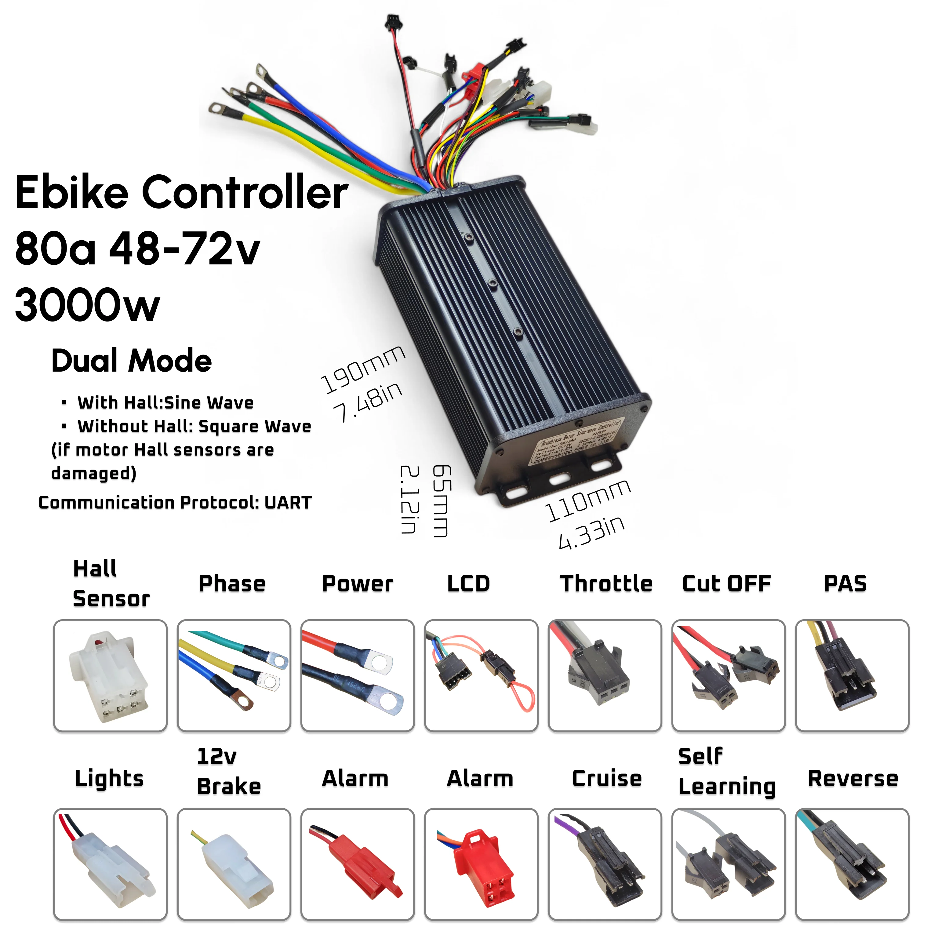Brushless Ebike Motor Controller 72v 80a Sine Wave Dual Mode Electric Bike - Image 4