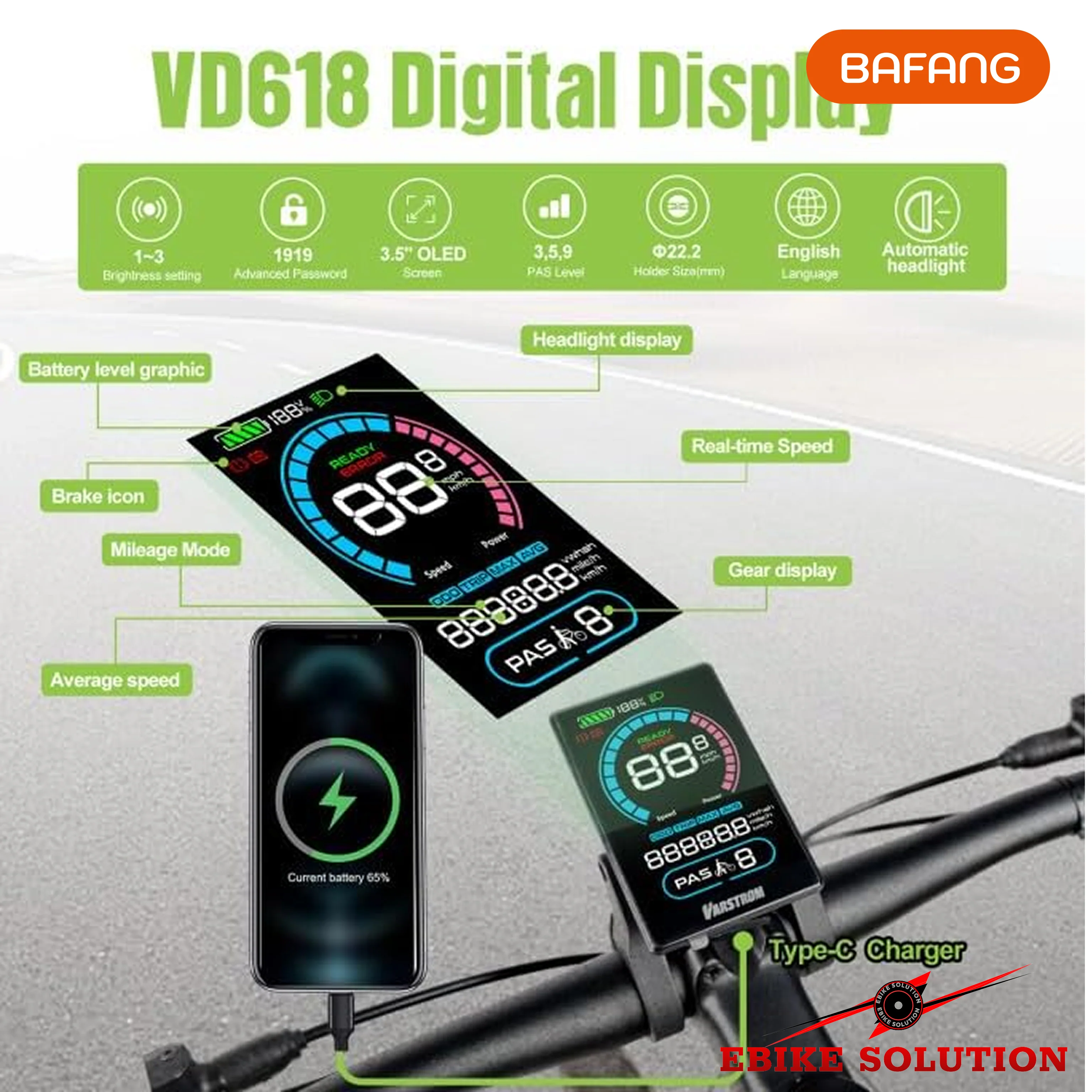 VD618 Display for BAFANG Kit Mid Dirve Kit (Triangle Connector) CAN System - Image 3